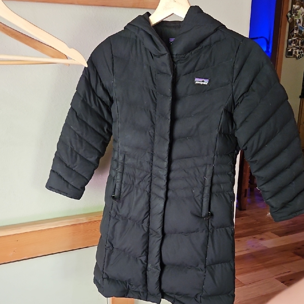 Girls Long Patagonia Black Quilted Hooded Puffer Coat